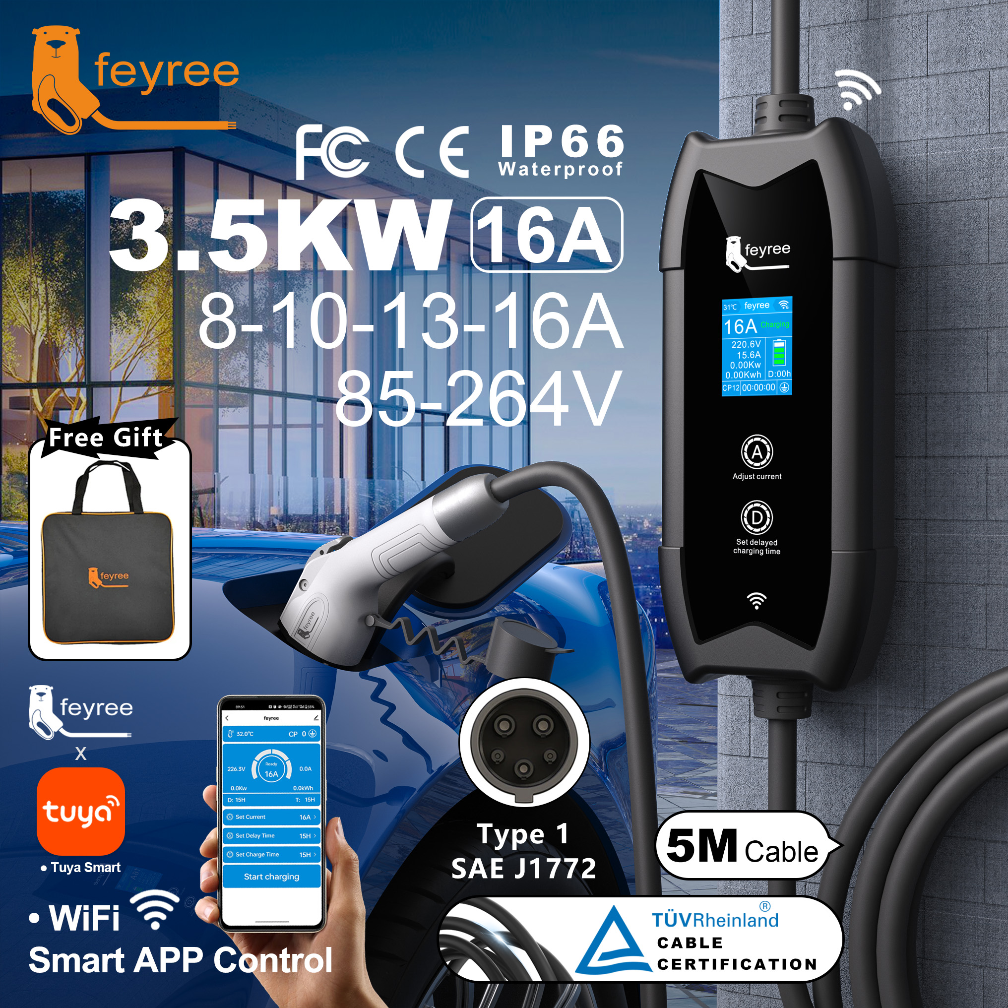 Feyree Type1 ポータブル EV 充電器 5m ケーブル WIFI APP 制御付き 16A 3.5KW セット充電
