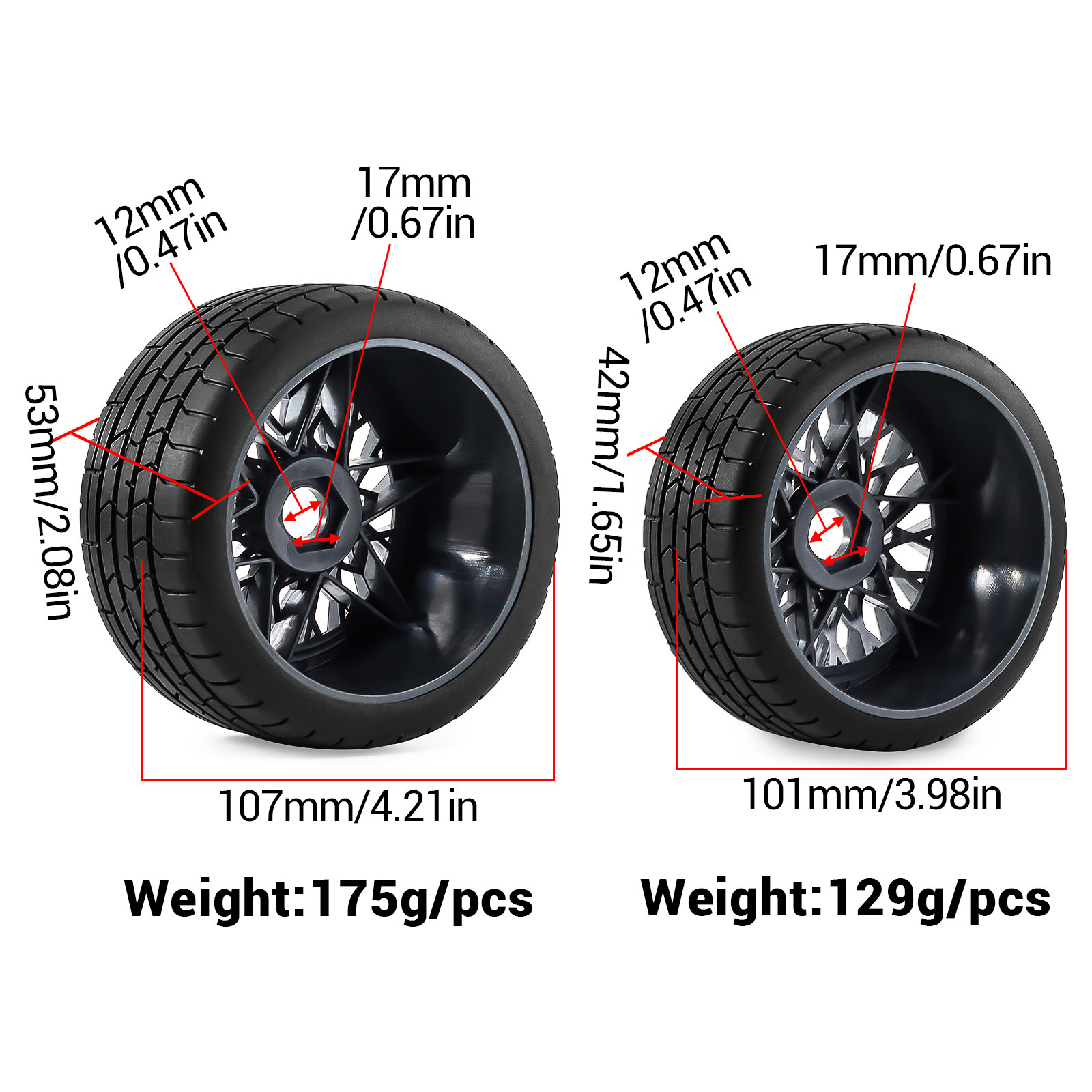 プロフェッショナル ドリフト スタッガード タイヤセット 1/7 ARRMA Felony Infraction RWD フロント 2 リア 2 ホイール17mm 六角ハブ フォード マスタング GT に適合