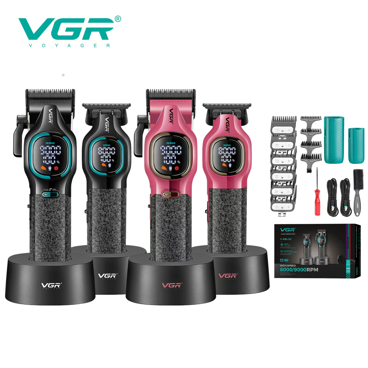 VGR ハイエンドヘアトリマー 2 点セット 金属ボディ 9000 RPM バリカン合金刃ヘッド オイルヘッド カービング プッシュ シアー V-886 S2