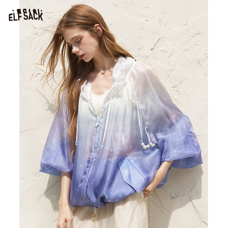 ELFSACK フリルフードグラデーションクロップドジャケット、パール巾着ランタンスリーブジップ日焼け防止コート、夏のカジュアルアウターフォ