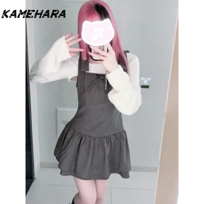 KAMEHARA 日本製 Y2k 春 シンプル プルオーバー カーディガン シンプル グレー スクエアネック ノースリーブ サスペンダードレス ナイトアウト 2点セット