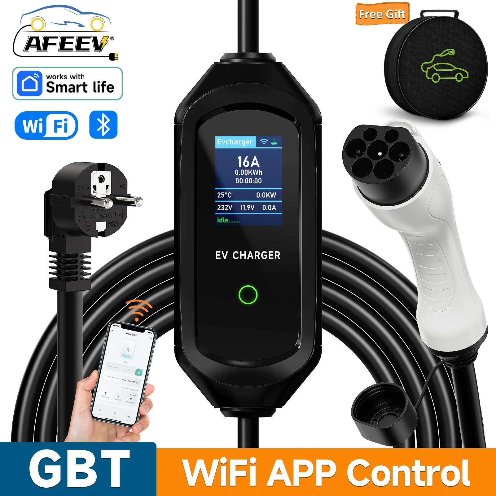 AFEEV 3.5KW 16A ポータブル EV 充電器 GBT 20234 電気自動車の充電器 EVSE 高速充電ケーブル WiFi アプリ Bluetooth リモコン