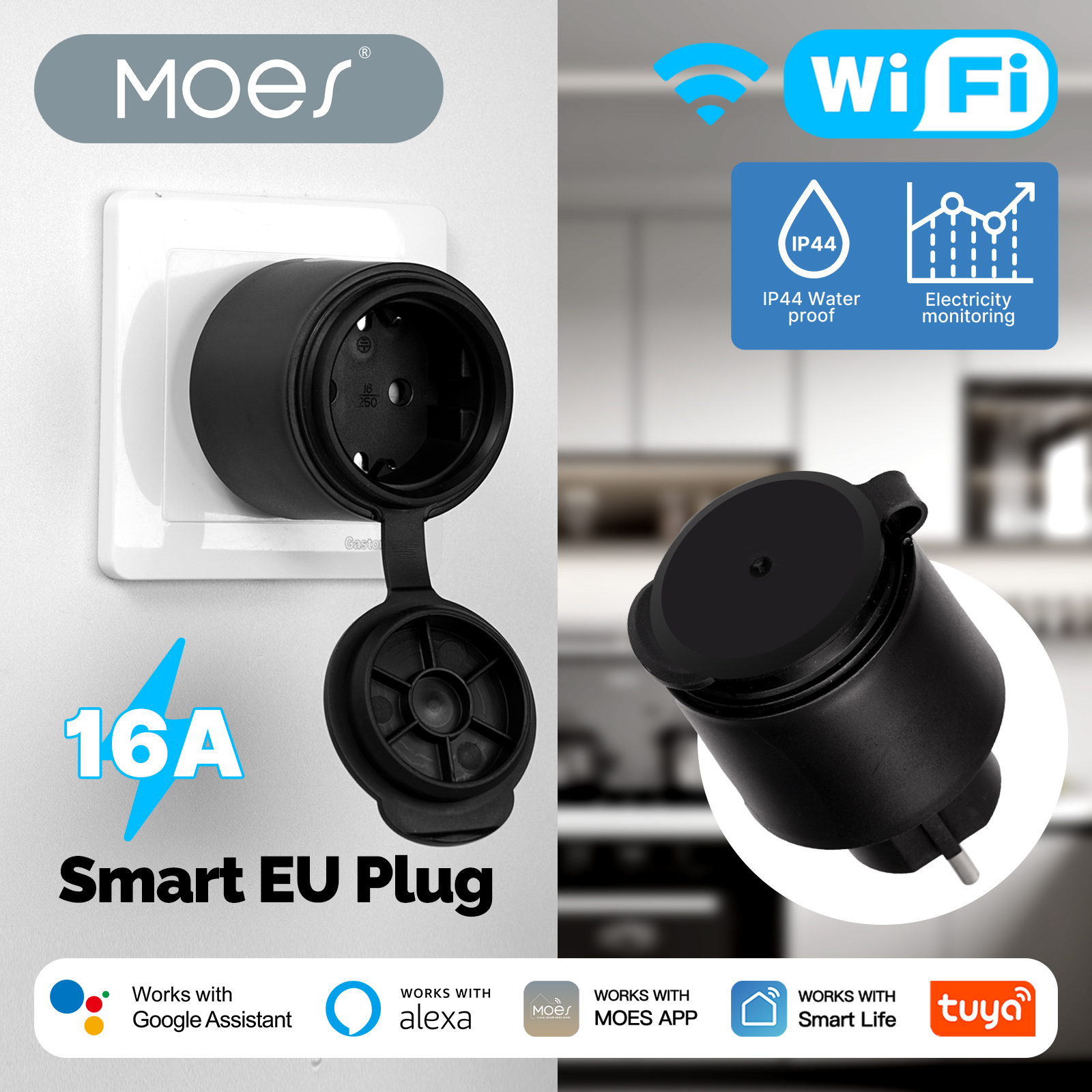 MOES Tuya WiFi スマートプラグ 16A EU ソケットコンセント IP44 防水防塵電源電気モニター Alexa Google Home と連携