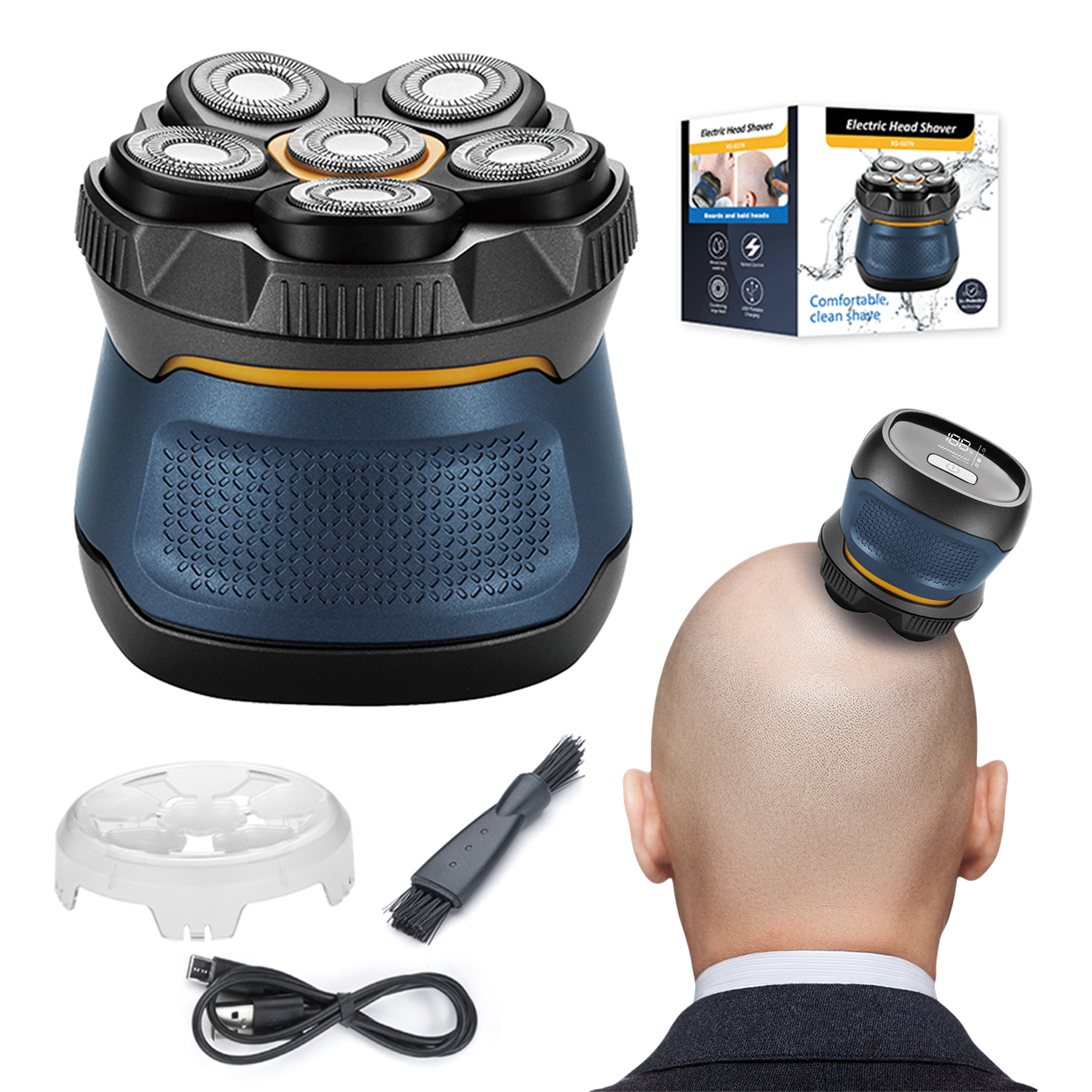 ハゲ男性用アップグレードヘッドシェーバー、コードレス電気かみそり、6デュアルトラックロータリーブレード、防水ウェット/ドライ、メンズロータリーシェーバー