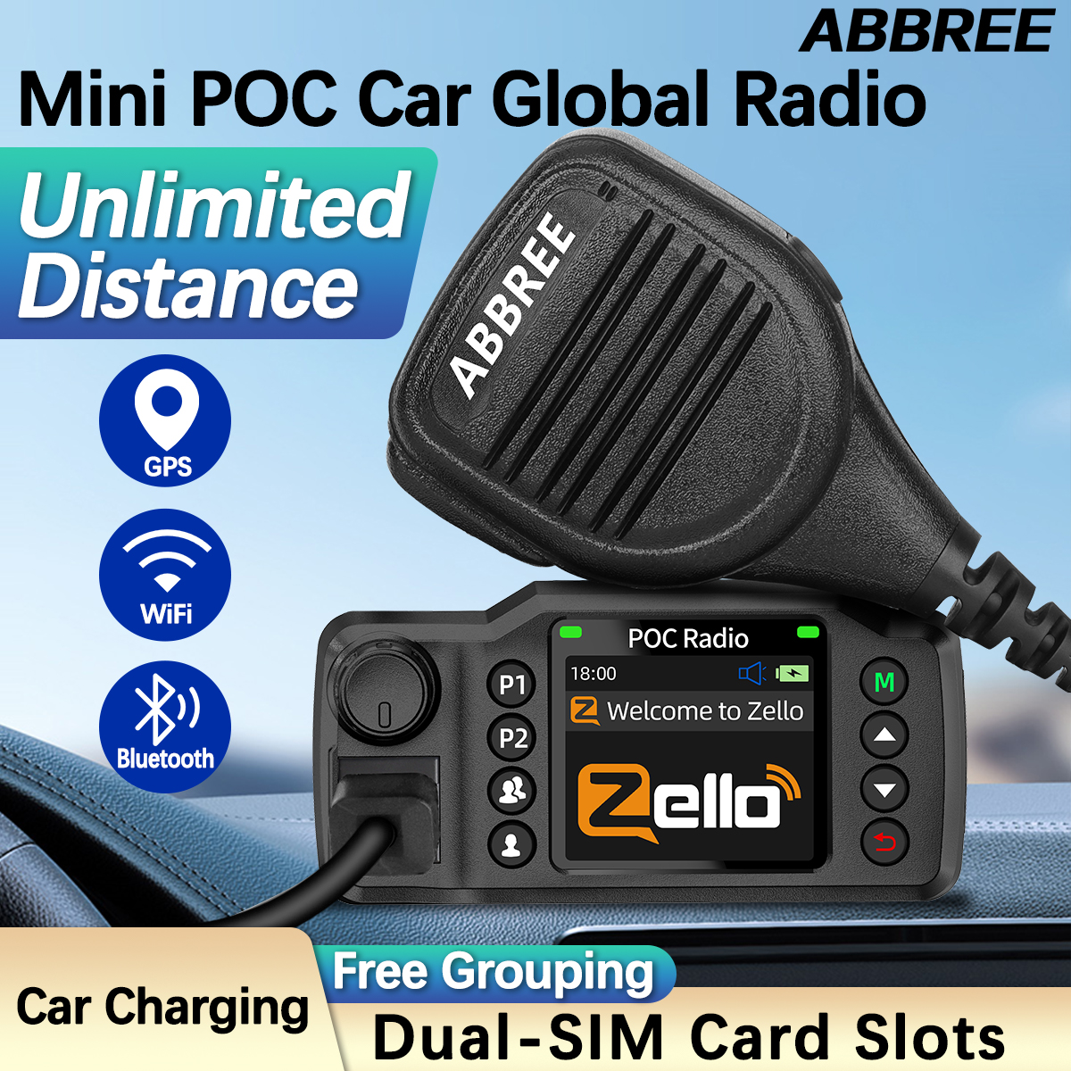 ABBREE GP-8900 Plus ネットワークカートランシーバー Zello グローバル POC ラジオ GPS 3/4G 距離無制限デュアル SIM カード Android Bluetooth