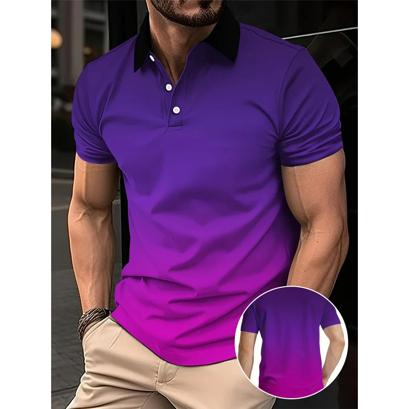 メンズファッショングラデーションカラーシャツポロラペルゴルフシャツ半袖プリントボタン服、ファッショナブルなデザイン、カジュアル、B