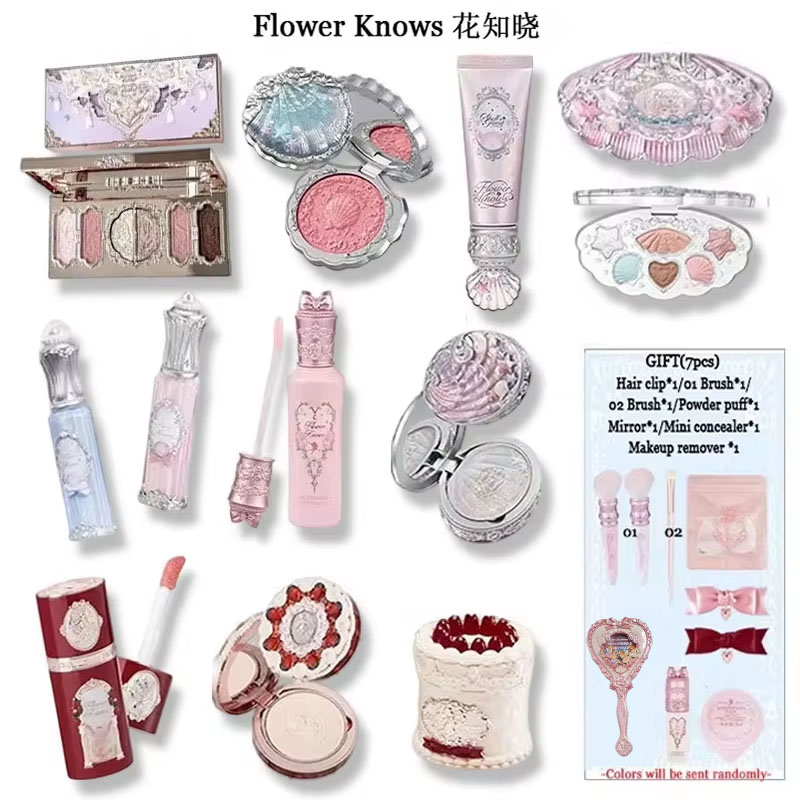 Flower Knows 4/5 個オールインメイクアップセットパールアイシャドウパレット Lipmud リップグロスブラッシュコンシーラープライマーローションツール化粧品キット