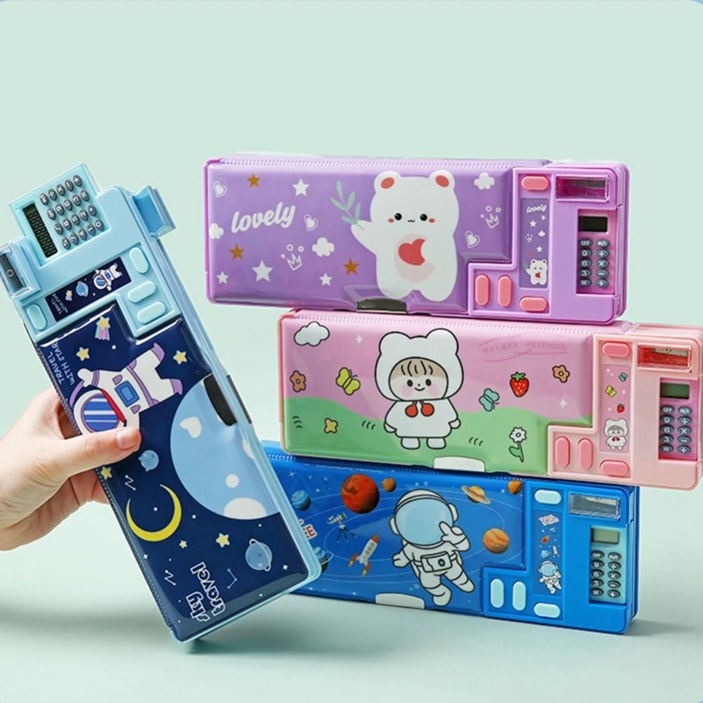 電卓付き二層ペンケース、宇宙飛行士/動物デザイン、文房具収納ボックス、プラスチック製鉛筆削り付き