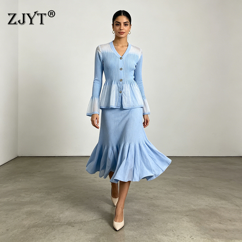 ZJYT レディース ニットドレスセット 2 ピース秋フレアスリーブセーターとロングスカートスーツエレガントな女性パーティー衣装ブルー 2026