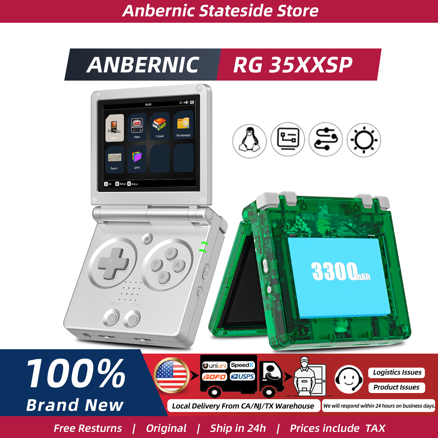 ANBERNIC RG35XXSP FILP 3.5 インチ IPS スクリーン レトロゲームコンソール 64GB 内蔵 TF カード 3300mAh バッテリー Linux システム HD TV 出力サポート クラシックカジュアルゲーム 内蔵ホールスイッチチップ
