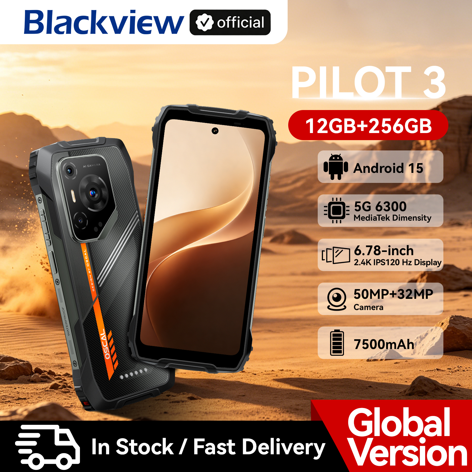 Blackview OSCAL PILOT 3 5G 携帯電話 AI 頑丈なスマートフォン MTK 6300、6.78 フィート 2.4K ディスプレイ 120Hz、12GB 256GB、7500mAh 電話