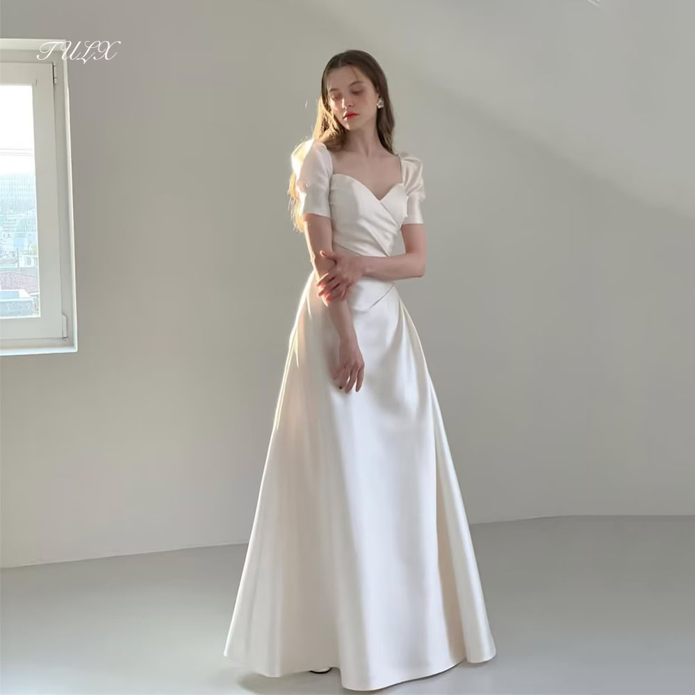 TULX Ivory Satin A line Long Wedding Dresses Korea Photo Shoot Sweetheart Short Sleeves Bridal Gown Corset Customized 웨딩드레스