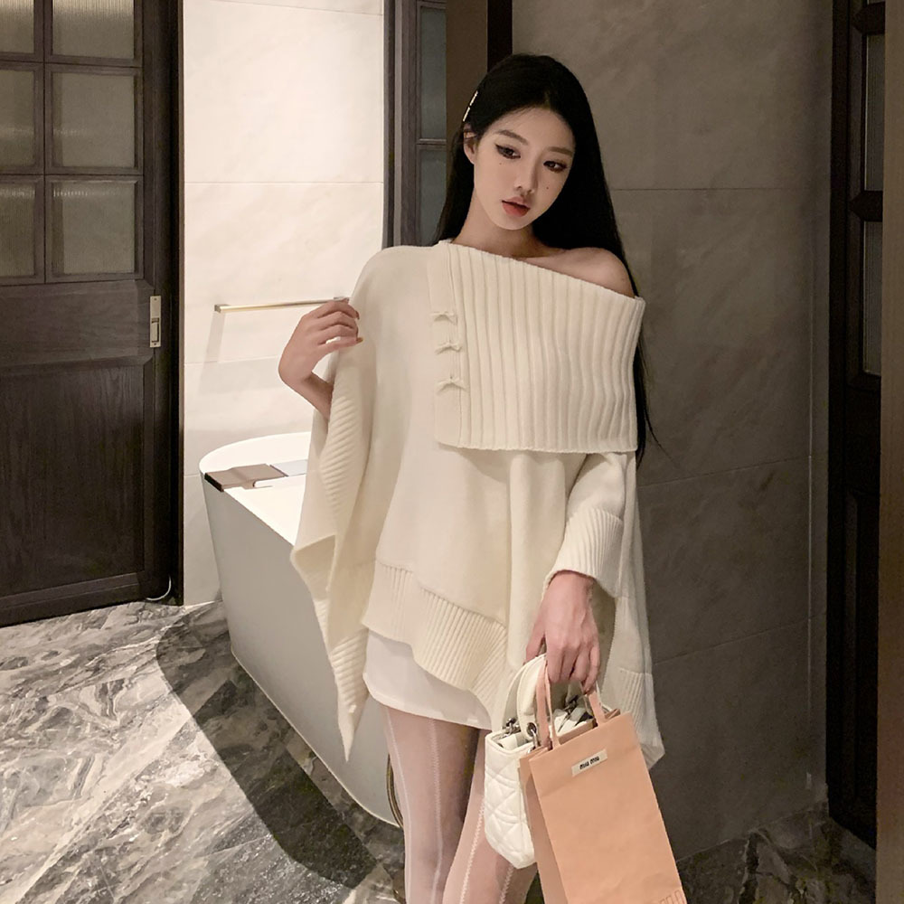 韓国のセクシーなニットポンチョ 2023 秋冬甘い弓マントトップスニットジャケット女性のためのシックな居心地の良いケープファッションポンチョコート