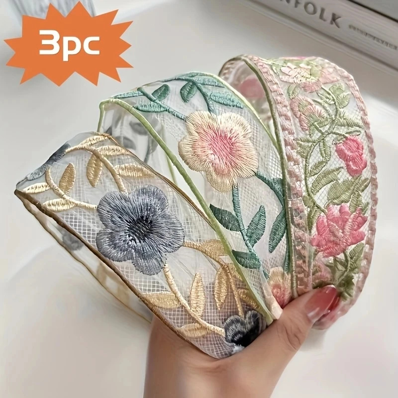 3 パックエレガントなシフォン刺繍フラワーヘッドバンド – 甘い花柄ヘッドスカーフヘアネクタイレディースファッションヘアアクセサリー
