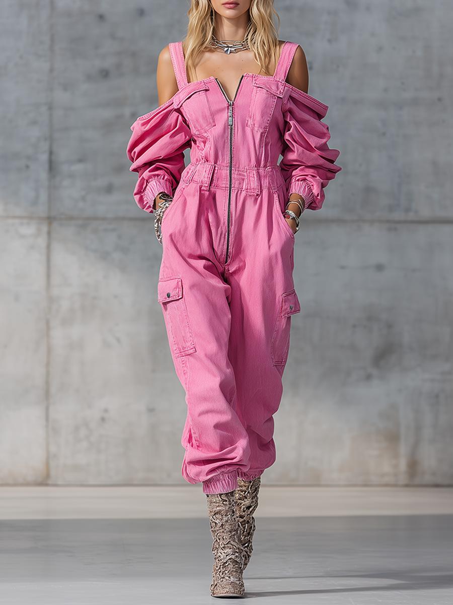 2026 春ヴィンテージデニムジャンプスーツ女性固体ジッパーオフショルダー高待機ルーズカーゴパンツロンパース長袖オーバーオール