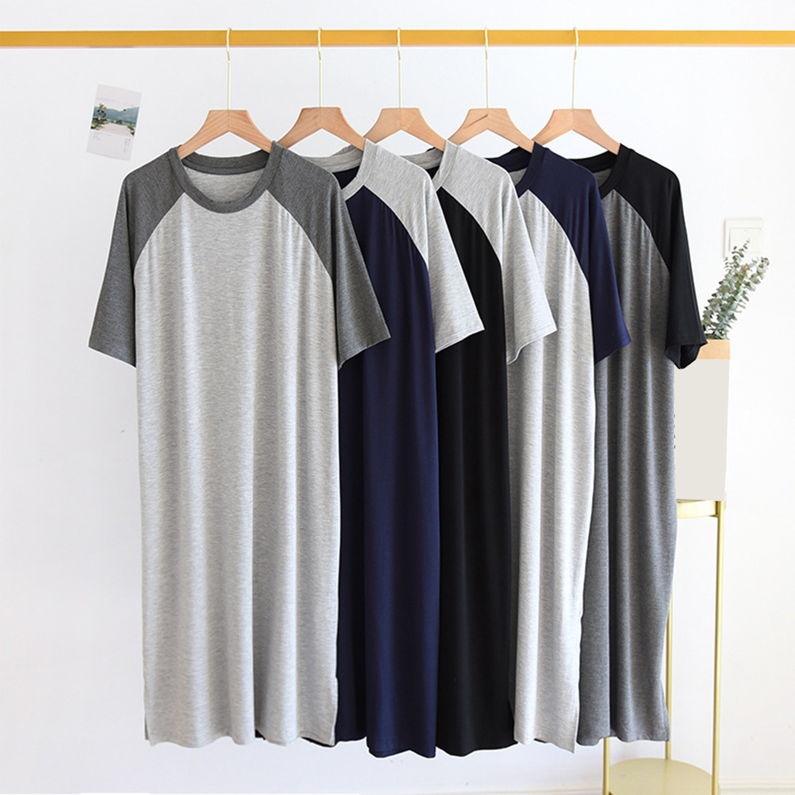 L-5XL 夏ネグリジェ男性のパジャマパジャマローブカラーマッチング半袖バスローブ大きいサイズモーダル寝間着ホームウェア