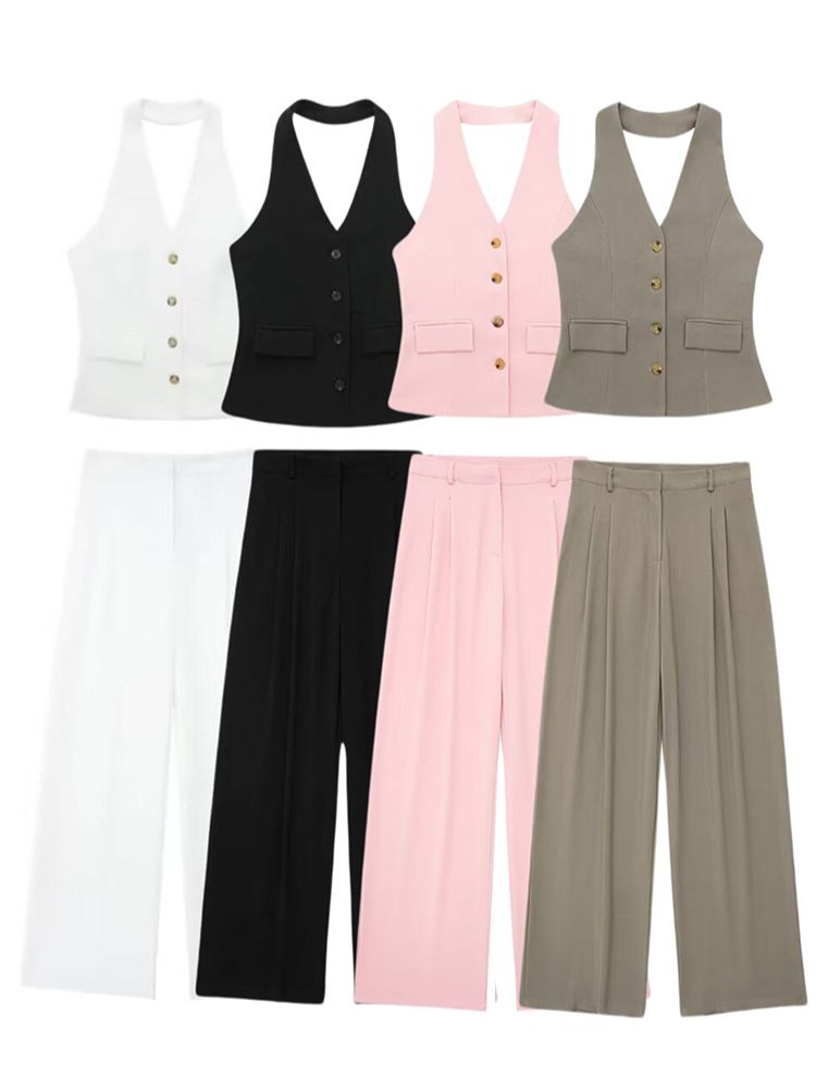 HH 女性 2 点セット ホルターネック シングルブレスト ポケット ノースリーブ ホルター ベスト トップス ハイウエスト ジッパー ポケット ワイドレッグ パンツ