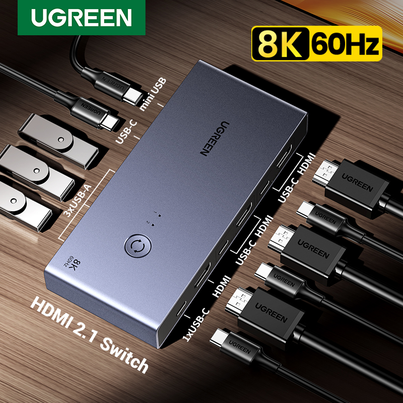 UGREEN 8K 60Hz HDMI KVM スイッチ USB C USB3.0 KVM スイッチャー 2 台の PC 共有 1 台のモニター、プリンター、キーボード、マウスをサポート 3D 、HDR ビジョン