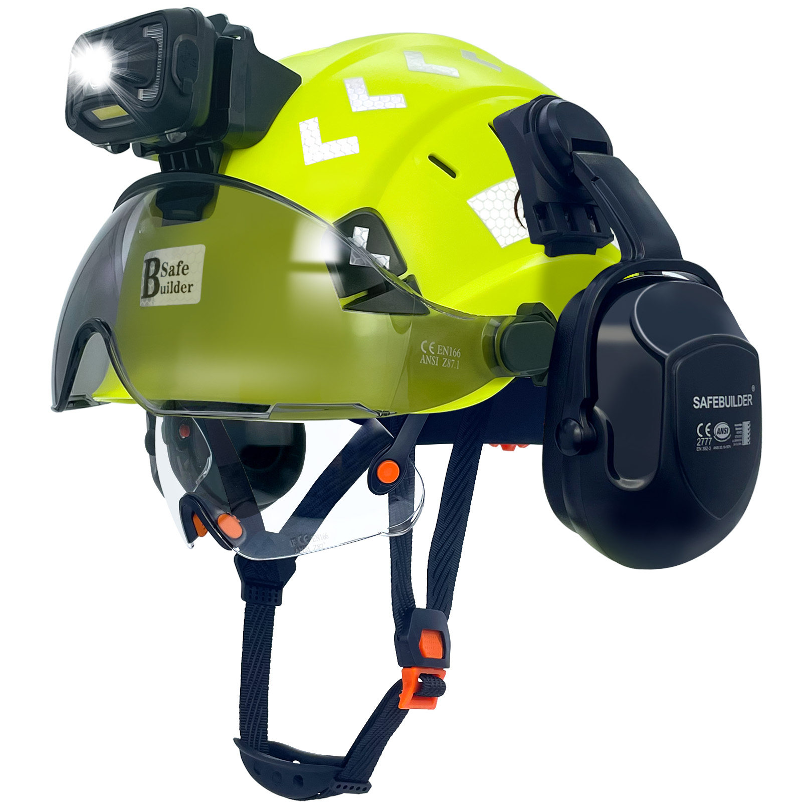 CE 安全ヘルメット バイザー付き ヘッドライトイヤーマフ内蔵、充電式ヘッドランプ付き安全ヘルメット 男性作業用 産業用