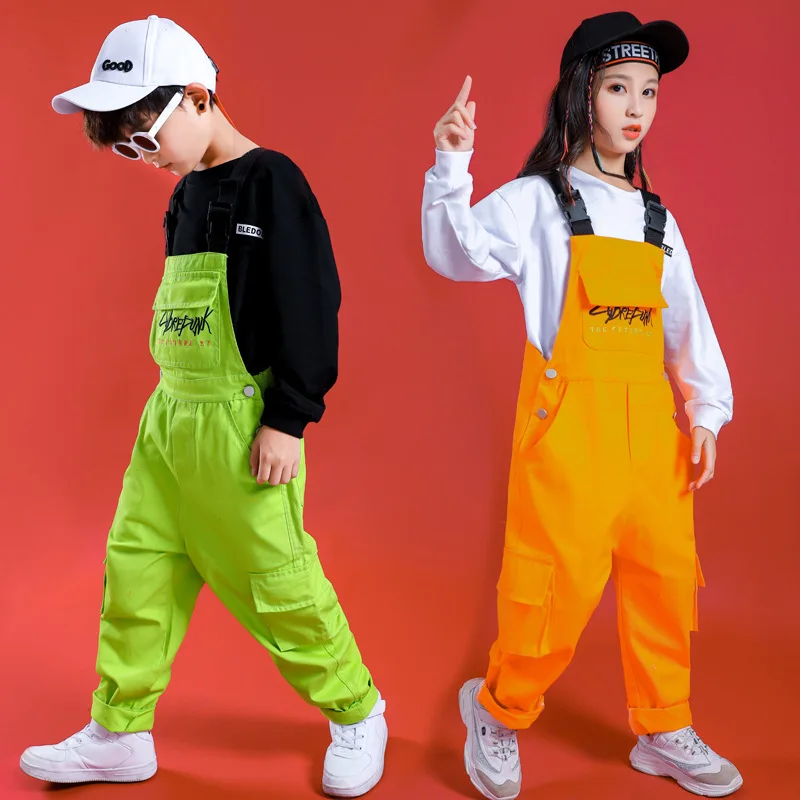 女の子ヒップホップ服ストリートダンスステージショー着用ヒップホップジャズダンサー着用男の子女の子衣装長袖トップダンガリー男の子
