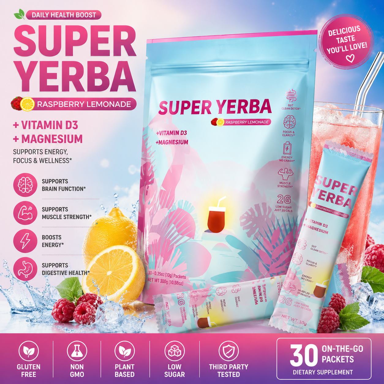 ラズベリー レモネード サプリメント ミックス スティック パック ビタミン D3 グリシン酸マグネシウムとプレバイオティクス繊維ブレンド 30 パケット