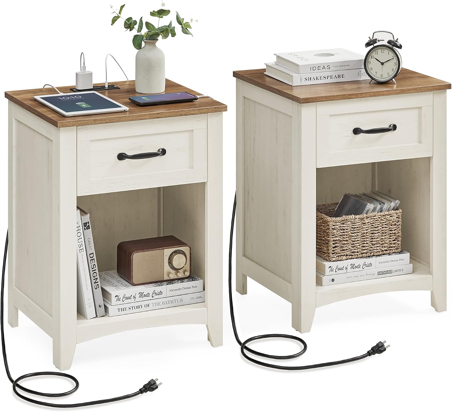 LIRY コレクション - ファームハウス ナイトスタンド 充電ステーション付き、ベッドサイドテーブル 2 個セット、引き出し付きサイドテーブル、オープンコンパートメント