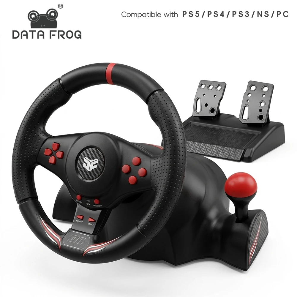 Data Frog デュアル振動レーシングステアリングホイール 270 回転ゲームドライビングホイール ペダルギアシフター付き PS5 PS4 PC用