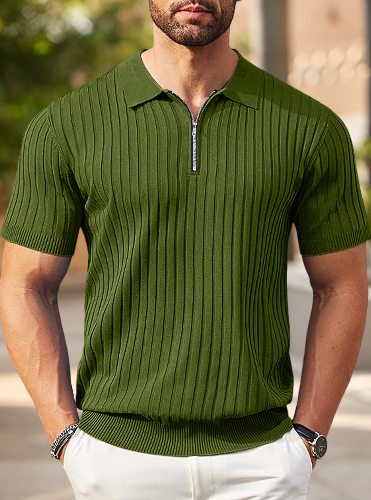 Men's Casual Short Sleeve Knit Polo Shirt Half Zip Collar Ribbed Pullover Tops Solid Color Slim Fit Golf Business T-Shirt