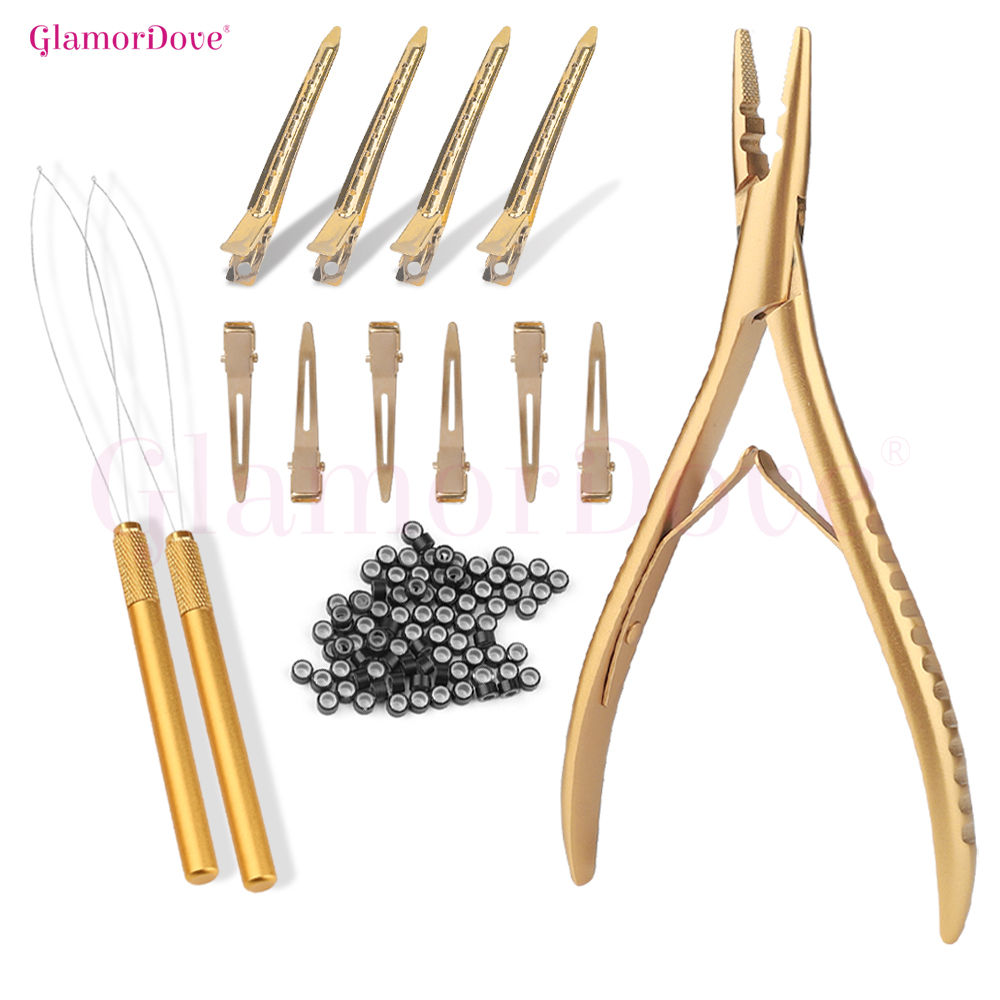 GlamorDove ヘアエクステンション キット – プライヤー、ループツール、クリップ