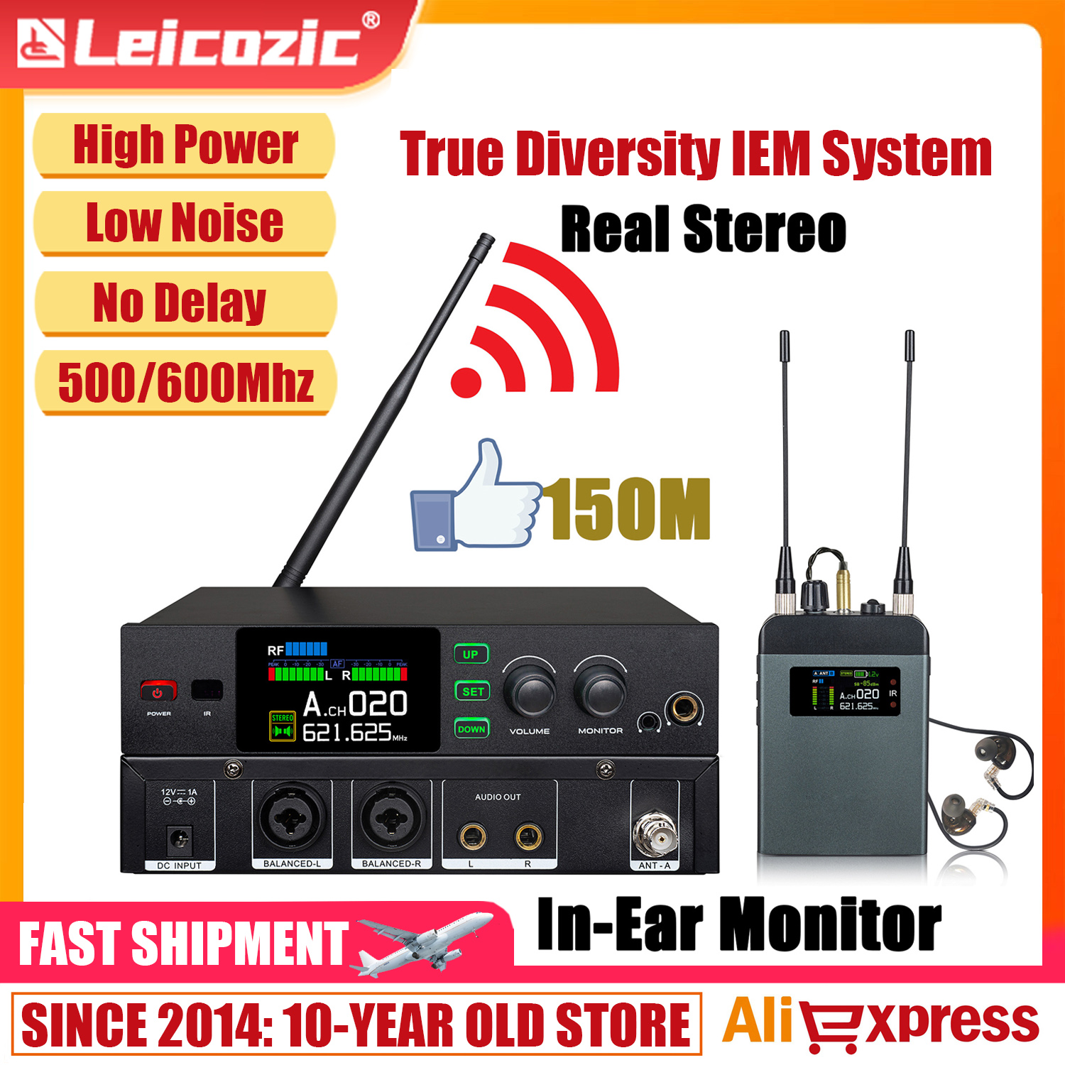 Leicozic PM10 トゥルーダイバーシティステレオワイヤレスインイヤーモニタリングシステム 150M 2x150mW Hifi サウンドシステムインイヤー IEM プロステージオーディオ