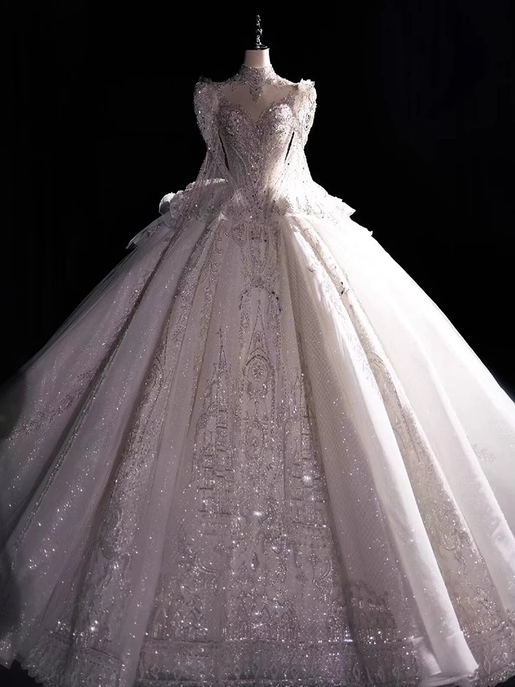 White Long Sleeved High-end Wedding Dress With Heavy Industry And Diamonds Luxurious Starry Sky Palace Style Customized