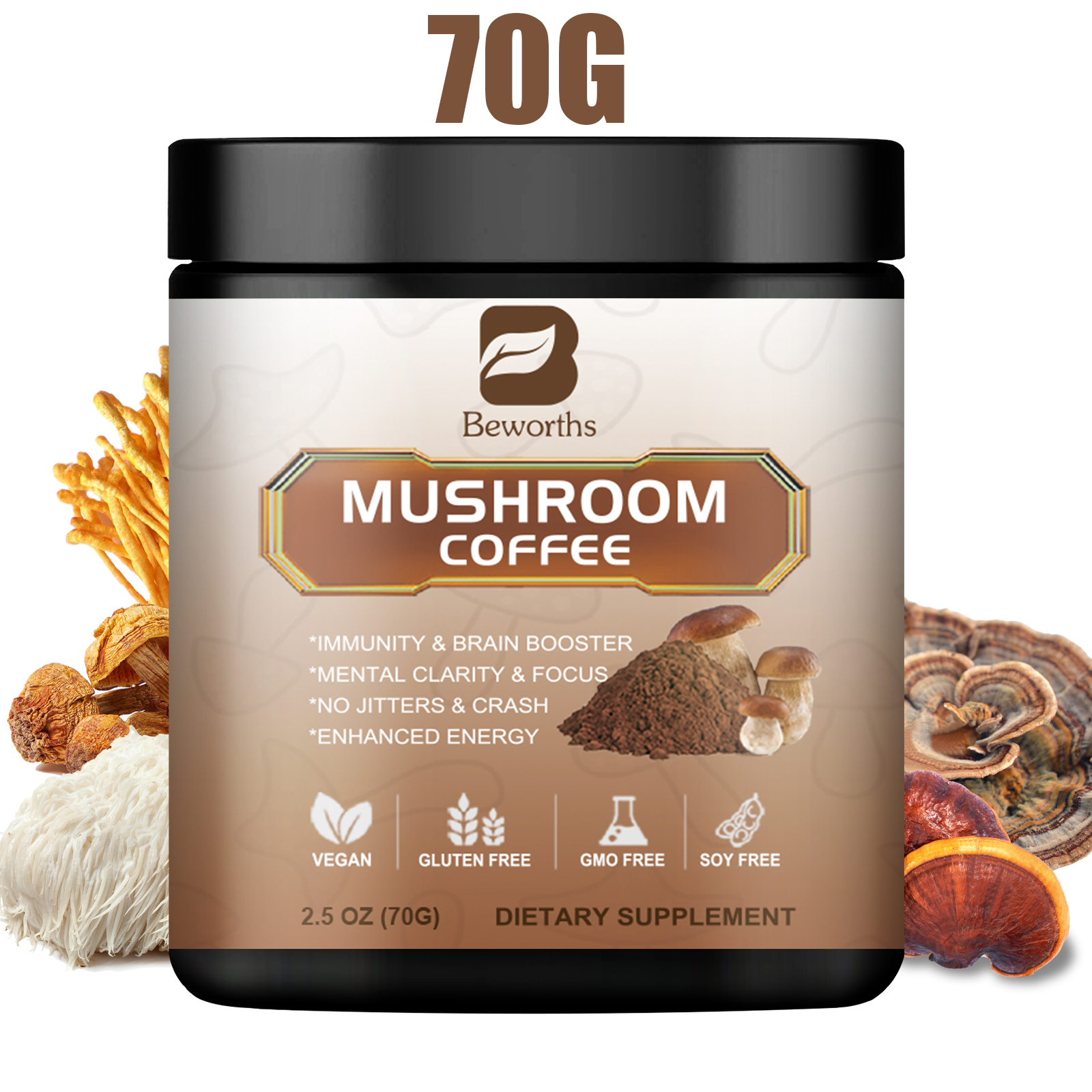 BWEORTHS 70G Mushroom Coffee Mixed Reishi & Lion's Mane Mushrooms Support Immunity and Focus Health Boost Memory 70g NO-GMO