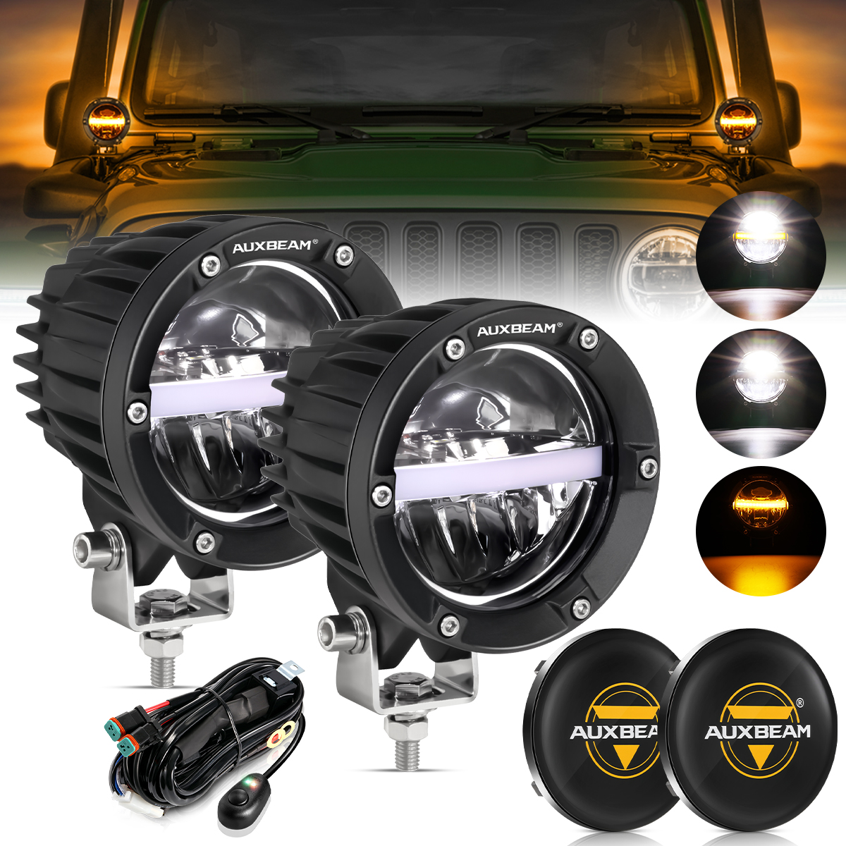 AUXBEAM 4 インチユニバーサル LED ワークライト 100 ワットホワイトドライビングフォグランプワイヤーハーネスアンバー DRL ハイ/ロービーム IP67 防水