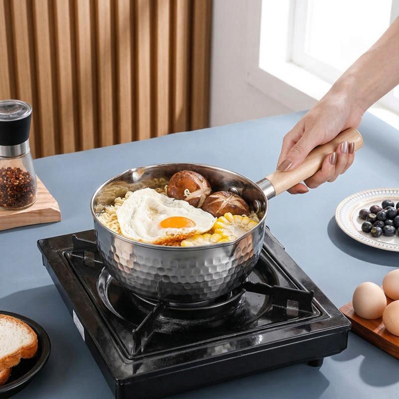 木製ハンドルスノーポット - ステンレススチール製平底スープとミルクポット、家庭料理や食事の準備用のノンスティックシチューポット