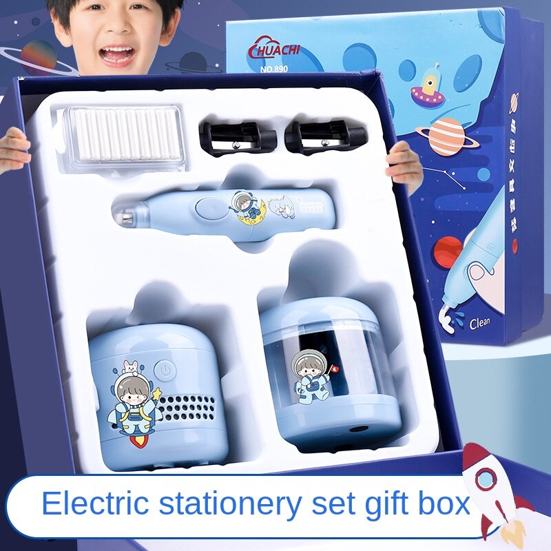 1セット子供用学習電動文具セット - 自動宇宙飛行士鉛筆削りと学校用品付き6ピースギフトボックス