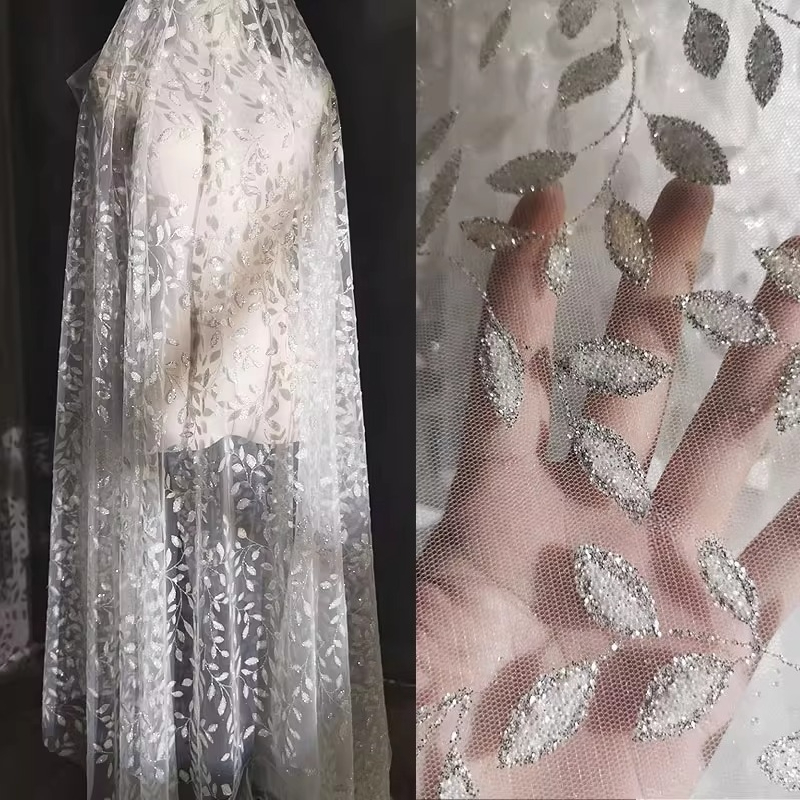 重工業刺繍リーフメッシュ生地高級ウェディングドレススプレーゴールドパウダーフラッシュDIYハンドメイドデザイナー生地
