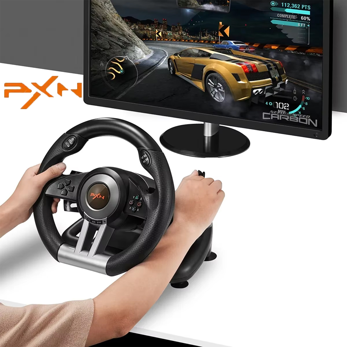 PXN V3 レーシングホイール、PC 対応、180° リニアステアリング、デュアル振動モーター、ゲームに最適
