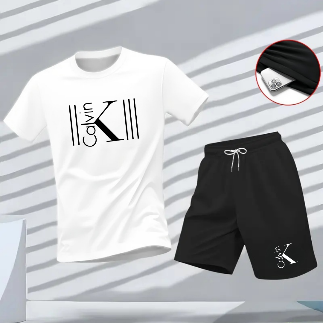 2025 メンズ通気性スポーツパターンプリント Tシャツカジュアルファッション半袖 Tシャツ夏のストリートトップ 2 点セット