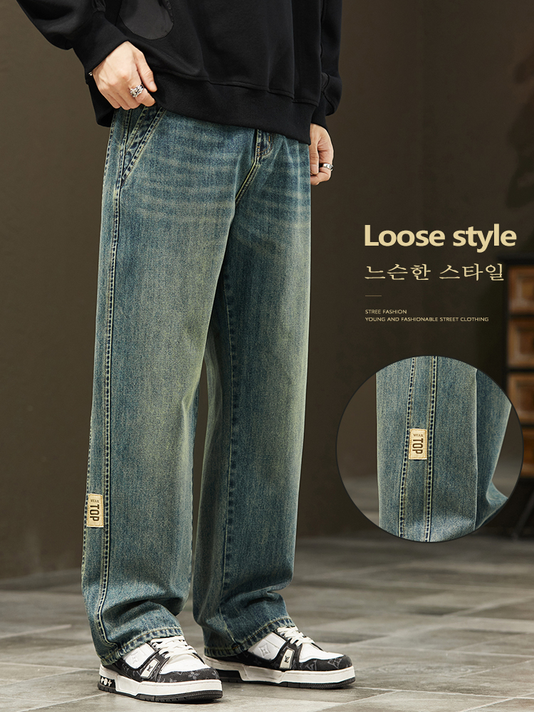 韓国ルーズワイドレッグジーンズメンズヴィンテージウォッシュデニムパンツファッションストリートカジュアルだぶだぶストレート男性ズボン