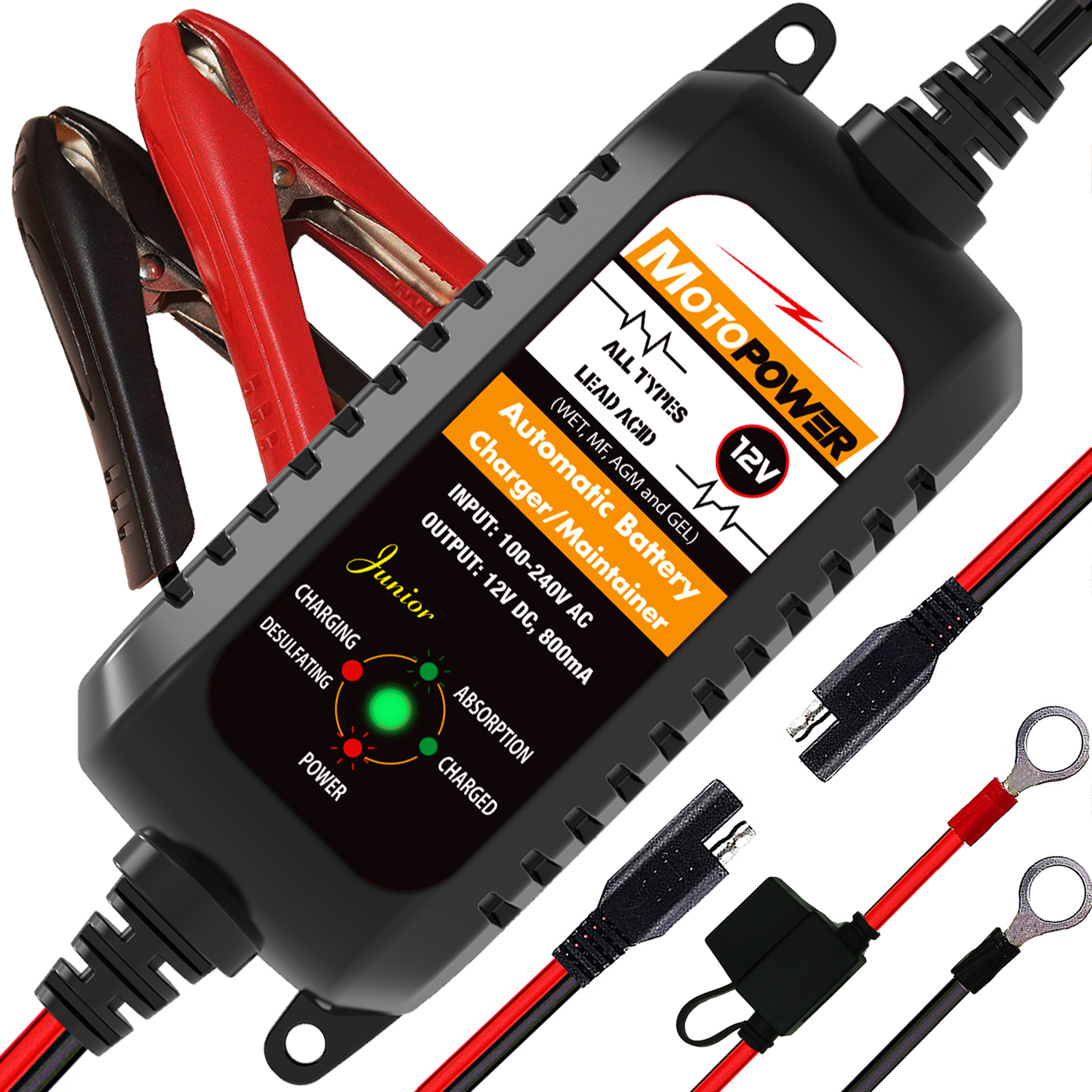 MOTOPOWER 12V 800mA 自動スマートカーバイクバッテリー充電器メンテナー