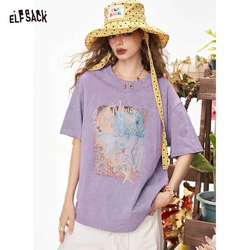 ELFSACK マーメイドプリントオーバーサイズ Tシャツ レディース、ヴィンテージウォッシュパープル Tシャツ、海のグラフィック、ストリートウェア用カジュアルサマートップ