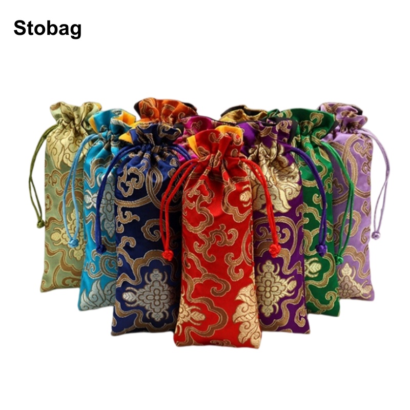 StoBag 10 個中国ロングシルクコットン巾着袋刺繍ギフトジュエリー包装収納ポケット再利用可能なポーチ装飾