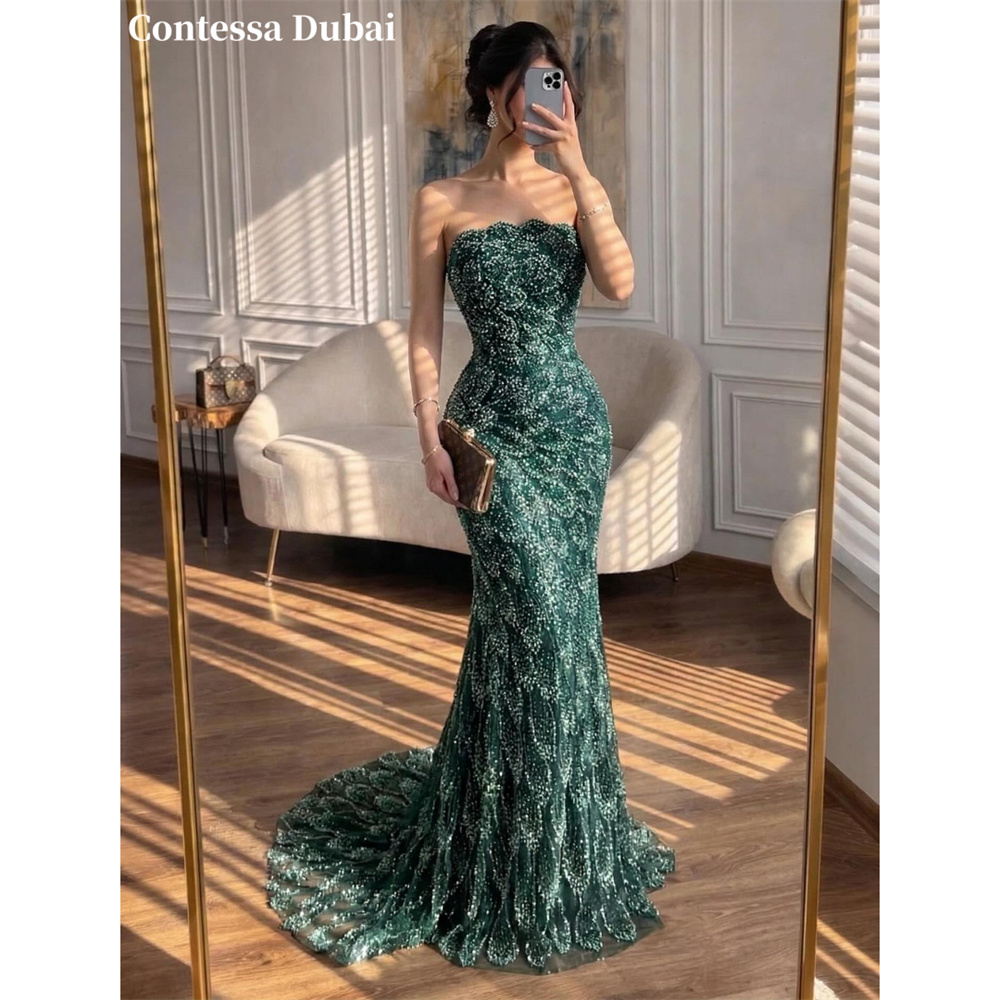 Contessa カスタムグリーンストラップレスイブニングドレスビーズマーメイドウエディングドレスフロアレングス Vestidos De Noche マキシフォーマルイブニング