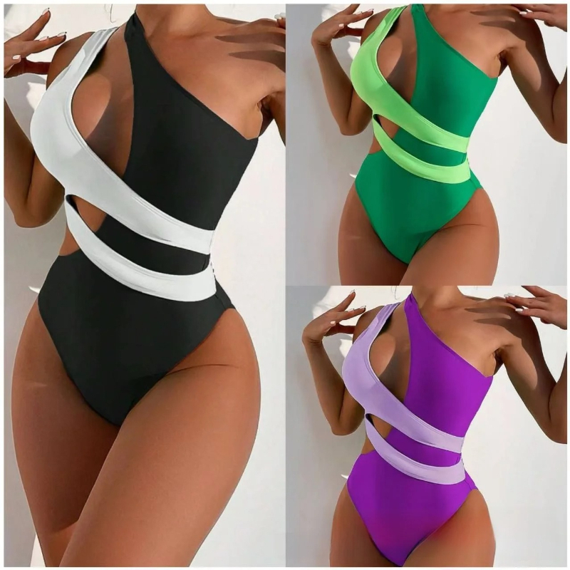 Sexy Swimwear Women Color Block Hollow Out Design One Shoulder Bikini Bodysuit Summer Beach Vacation High Cut One Piece Swimsuit
