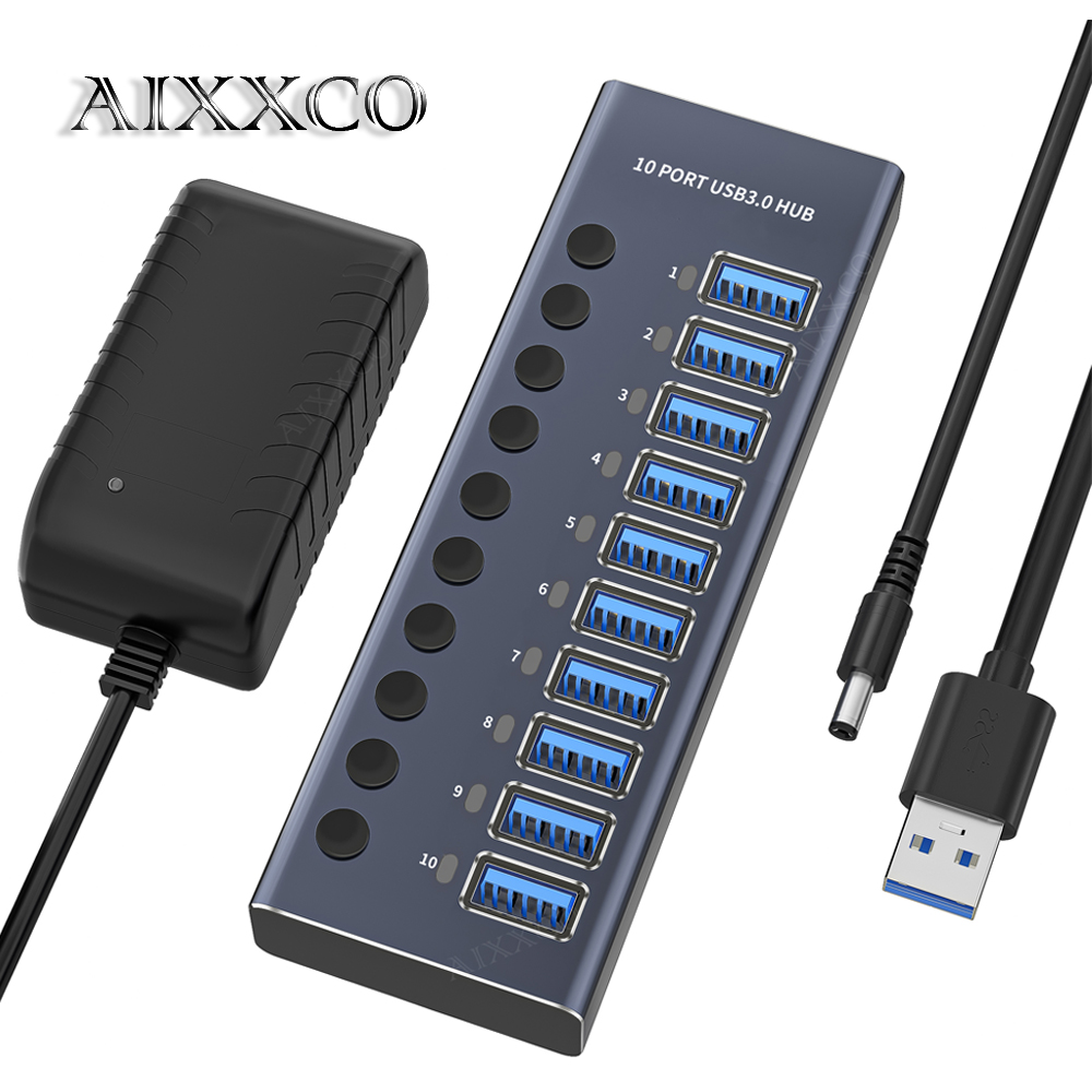 AIXXCO USB ハブ スプリッター ソケット マルチ USB 3.0 ポート スロット プラグ オン/オフ キー スイッチ ドック 電源タップ アダプター PC ラップトップ用