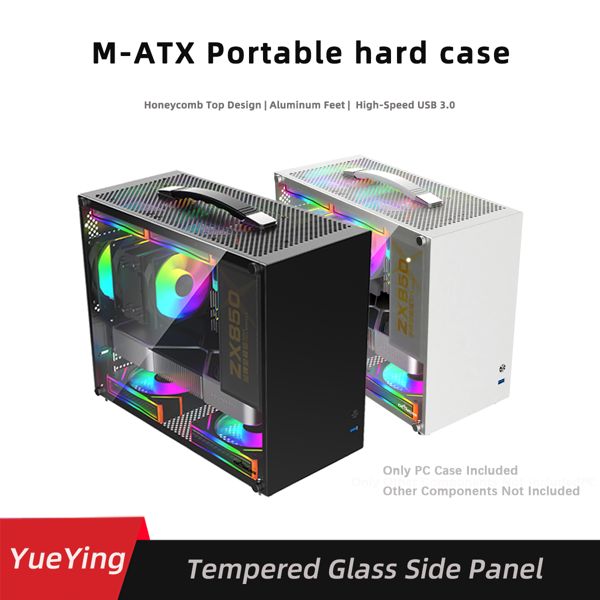 Yueying ポータブル M-ATX ゲーミング PC ケース強化ガラスサイドパネル互換 ITX デスクトップシャーシキャリーハンドル付き USB 3.0