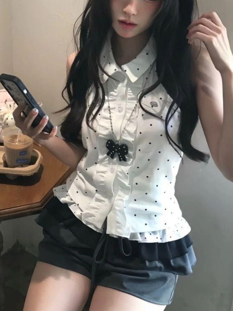 新しい夏のサブカルチャーファッション 2 点セット女性シックな水玉模様 Y2k トップスミニショーツ原宿カジュアル韓国スタイルレトロ衣装