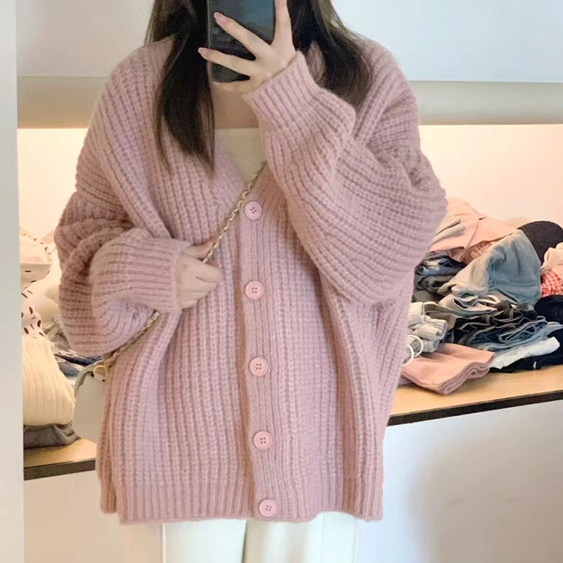 Rimocy 甘いピンクニットカーディガンセーター女性韓国長袖 V ネック Cardogans 女性ワイルドボタンアップジャンパーコート女性