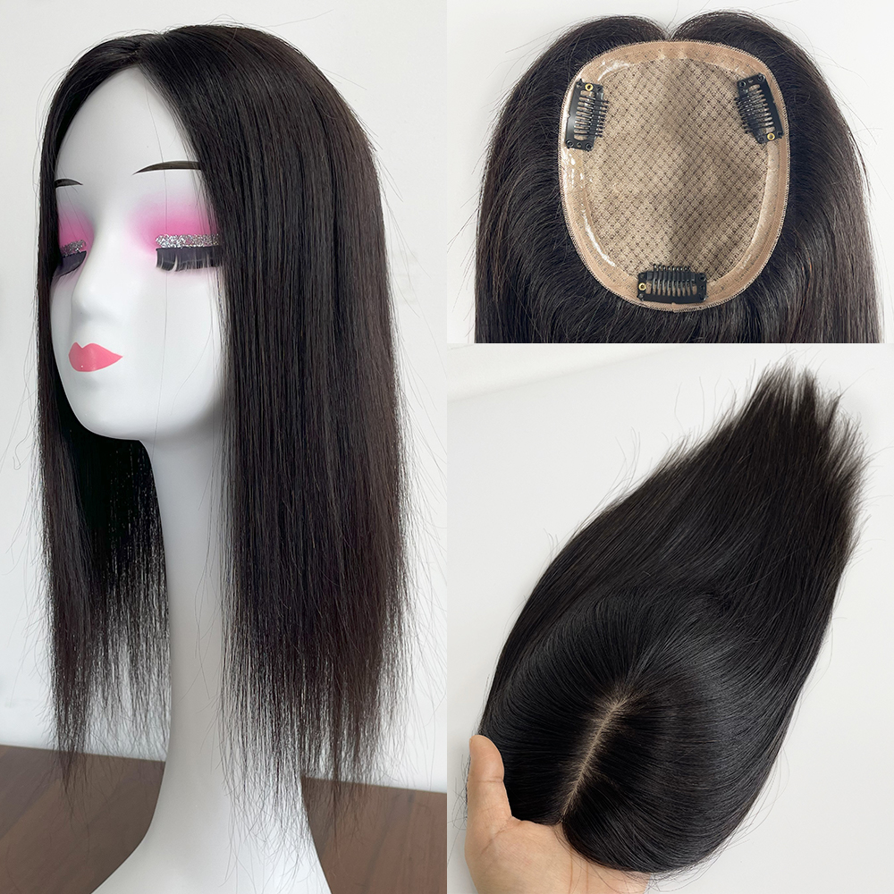 手作りシルクベース女性トッパーナチュラルブラックカラーストレートバージン人毛ピース付きクリップ 6-18 インチヘアエクステンション