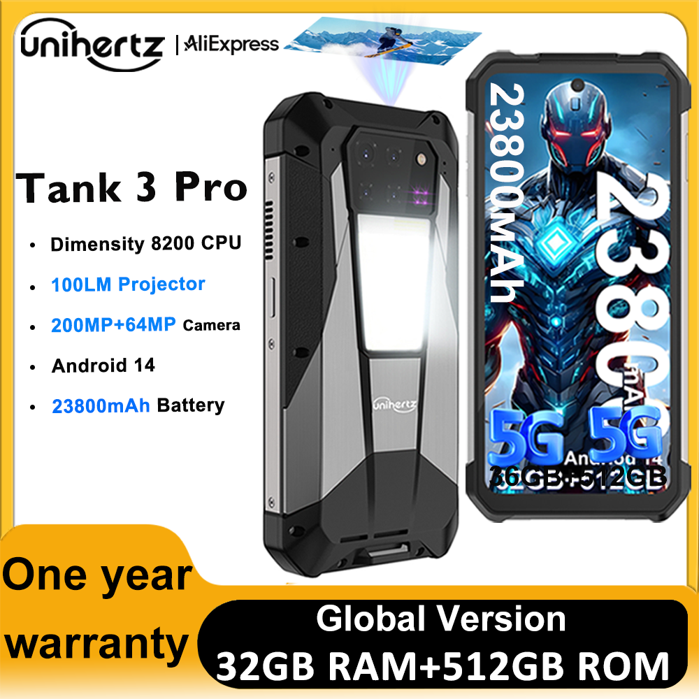 Unihertz Tank 3 Pro 8849 頑丈な 5G スマートフォン Android 100 ルーメンプロジェクター 32GB 512GB 23800mAh 6.79" FHD 防水電話